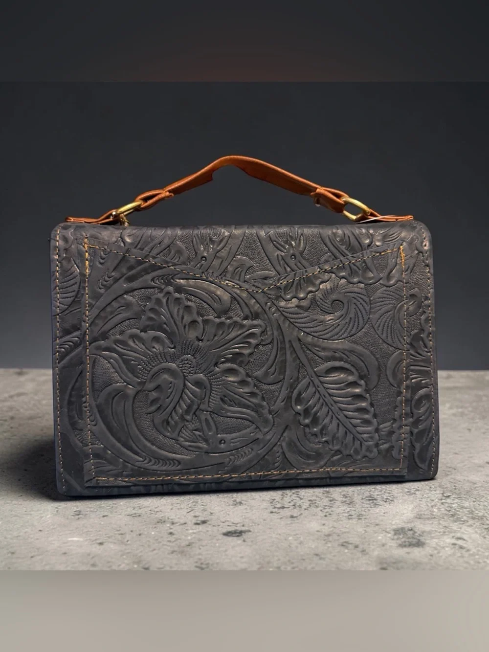 Embossed Floral Leather Top-Handle Bag in Dark Brown